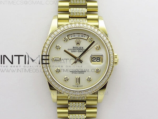 Day-Date 36 128235 YG/Crystal BP Best Edition White MOP Crystal Marker Dial on YG President Bracelet A2836