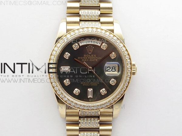 Day-Date 36 128235 RG/Crystal BP Best Edition Black MOP Crystal Markers Dial on RG President Bracelet A2836
