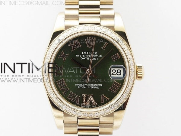 Datejust 31mm 278275 RG Dia Bezel BP Best Edition Green Roman Markers Dial @6 Dia on RG President Bracelet