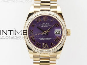 Datejust 31mm 278275 RG Dia Bezel BP Best Edition Purple Roman Markers Dial @6 Dia on RG President Bracelet