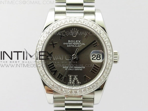 Datejust 31mm 278275 SS Crystals bezel BP Best Edition Gray Roman Markers Dial(@6 Crystal marker) on SS President Bracelet
