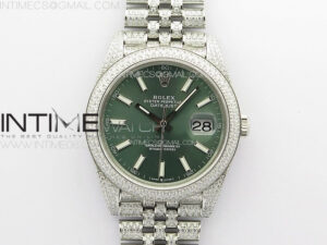 DateJust 41 126334 Full Paved Diamonds BP Best Edition Green Dial Sticks Markers on Jubilee Bracelet A2824