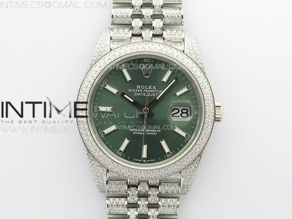 DateJust 41 126334 Full Paved Diamonds BP Best Edition Green Dial Sticks Markers on Jubilee Bracelet A2824