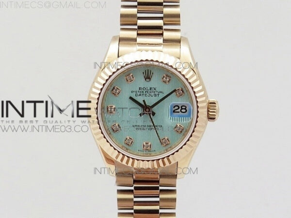 DateJust 28mm RG Diamond Bezel BP Best Edition Ice blue textured Dial on RG Bracelet ETA2671