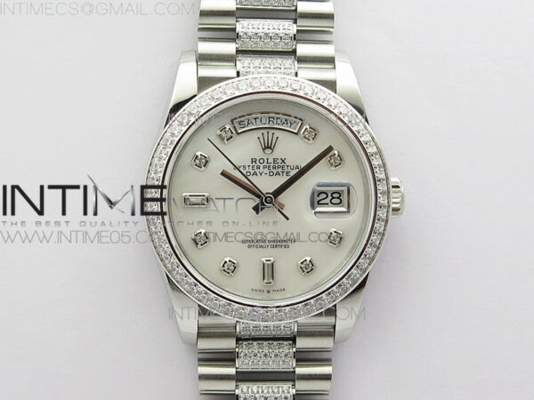 Day-Date 36 128239 SS/Crystal BP Best Edition White MOP Crystal Markers Dial on SS President Bracelet A2836