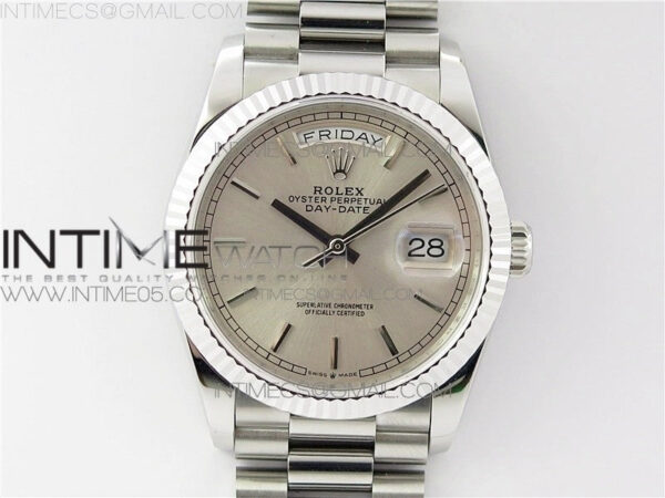Day-Date 36 128239 SS BP Best Edition Silver Sticks Markers Dial on SS President Bracelet