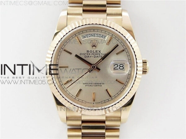 Day-Date 36 128239 RG BP Best Edition Silver Sticks Markers Dial on RG President Bracelet