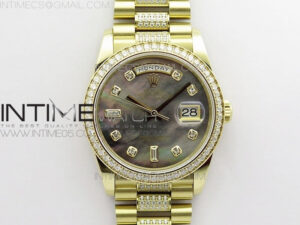 Day-Date 36 128235 YG/Crystal BP Best Edition Gray MOP Crystal Marker Dial on YG President Bracelet A2836
