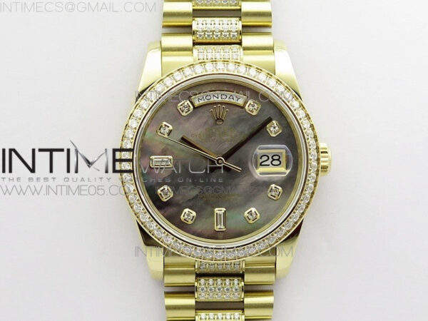 Day-Date 36 128235 YG/Crystal BP Best Edition Gray MOP Crystal Marker Dial on YG President Bracelet A2836