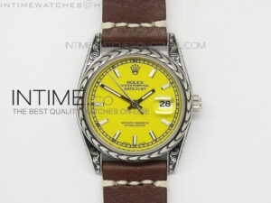 Datejust Engraved SS Case Yellow dial on Brown Leather Strap