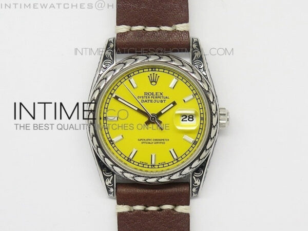 Datejust Engraved SS Case Yellow dial on Brown Leather Strap