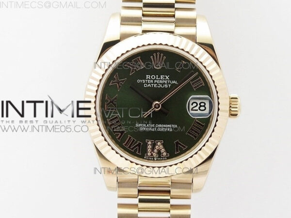 Datejust 31mm 278275 RG BP Best Edition Green Roman Markers Dial @6 Dia on RG President Bracelet