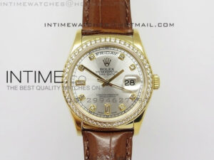 DayDate YG 36mm Silver Dial Diamond Bezel On Leather Strap