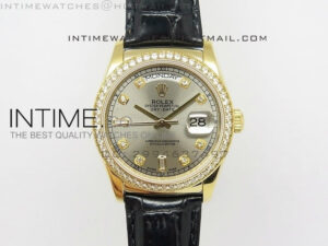DayDate YG 36mm Slier Gray Dial Diamond Bezel On Leather Strap