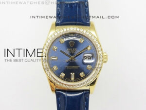 DayDate YG 36mm Blue Dial Diamond Bezel On Leather Strap