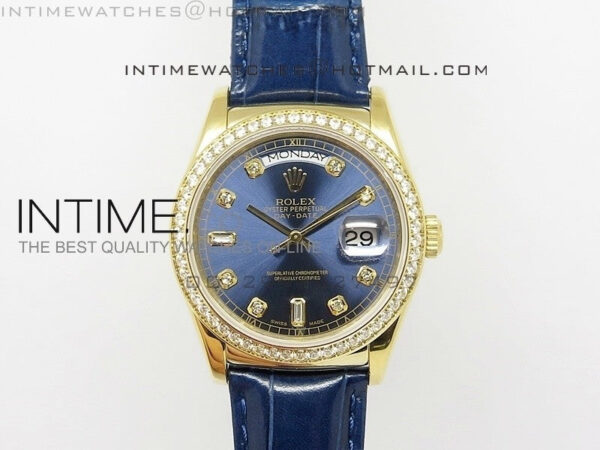 DayDate YG 36mm Blue Dial Diamond Bezel On Leather Strap