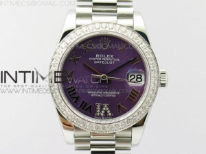 Datejust 31mm 278275 SS Crystals bezel BP Best Edition Purple Roman Markers Dial(@6 Crystal Marker) on SS President Bracelet