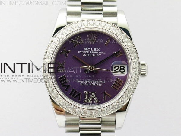 Datejust 31mm 278275 SS Crystals bezel BP Best Edition Purple Roman Markers Dial(@6 Crystal Marker) on SS President Bracelet