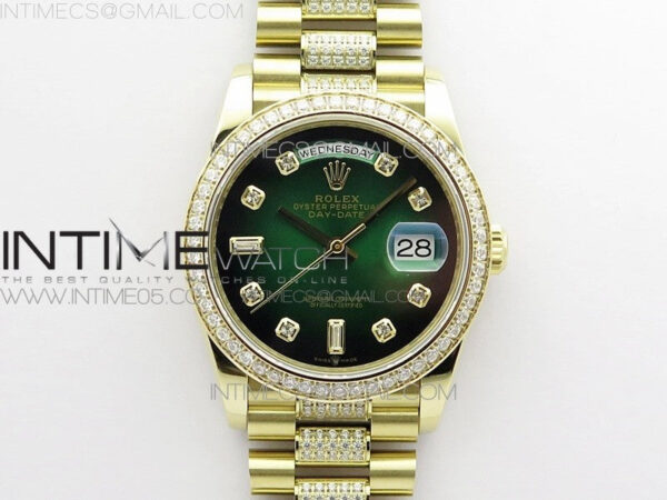 Day-Date 36 128235 YG/Crystal BP Best Edition Green Crystal Marker Dial on YG President Bracelet A2836
