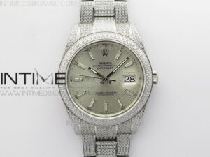 DateJust 41 126334 904 Full Paved Diamonds BP Best Edition Silver Dial Sticks Markers on Oyster Bracelet A2824