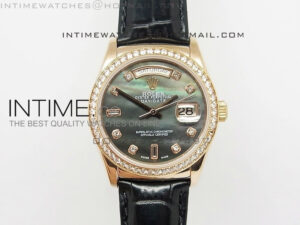 DayDate RG 36mm Black MOP Dial Diamond Bezel On Leather Strap