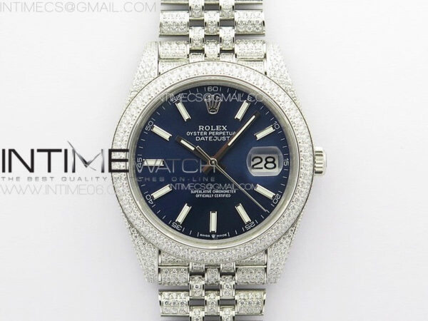 DateJust 41 126334 Full Paved Diamonds BP Best Edition Blue Dial Sticks Markers on Jubilee Bracelet A2824