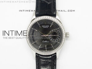 Cellini Date BP Maker SS Diam Bezel Black Dial on Black Leather Strap