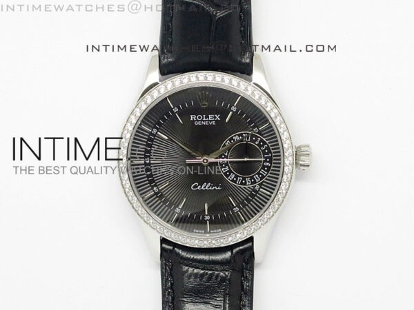 Cellini Date BP Maker SS Diam Bezel Black Dial on Black Leather Strap
