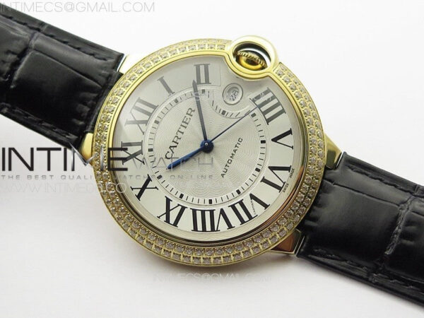Ballon Bleu 42mm Double Diamonds Bezel RG K3F 1:1 Best Edition White Texture Dial on Black Leather Strap A2824 – Bild 2
