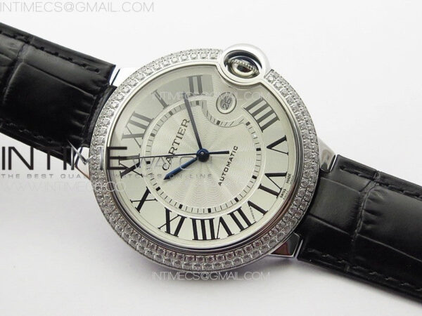 Ballon Bleu 42mm Diamonds Bezel SS K3F 1:1 Best Edition White Texture Dial on Black Leather Strap A2824 – Bild 2