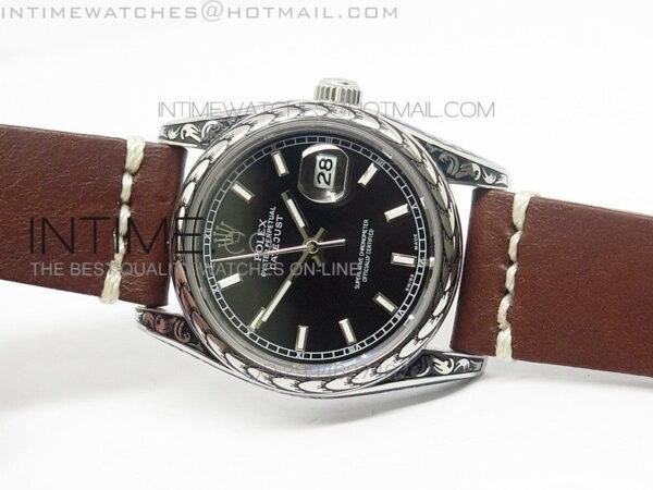 Datejust Engraved SS Case Black dial on Brown Leather Strap – Bild 2