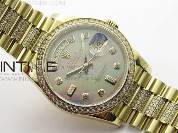 Day-Date 36 128235 YG/Crystal BP Best Edition Gray MOP Crystal Marker Dial on YG President Bracelet A2836 – Bild 2
