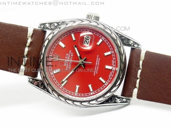 Datejust Engraved SS Case Red dial on Brown Leather Strap – Bild 2