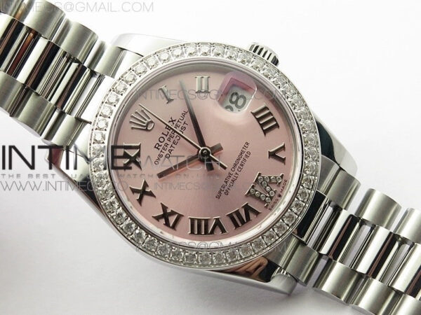 Datejust 31mm 278275 SS Crystals bezel BP Best Edition Pink Roman Markers Dial(@6 Crystal Marker) on SS President Bracelet – Bild 2
