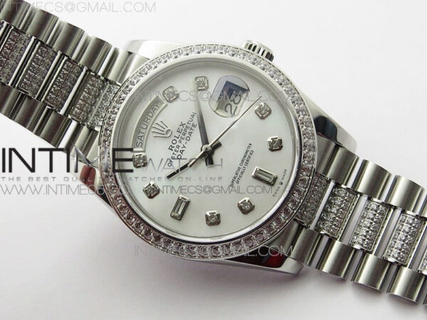 Day-Date 36 128239 SS/Crystal BP Best Edition White MOP Crystal Markers Dial on SS President Bracelet A2836 – Bild 2