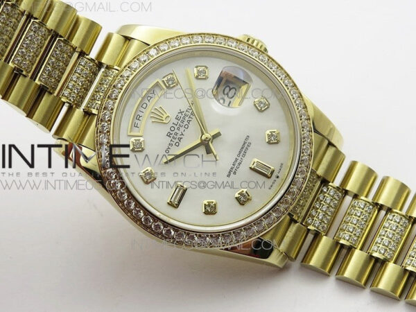 Day-Date 36 128235 YG/Crystal BP Best Edition White MOP Crystal Marker Dial on YG President Bracelet A2836 – Bild 3