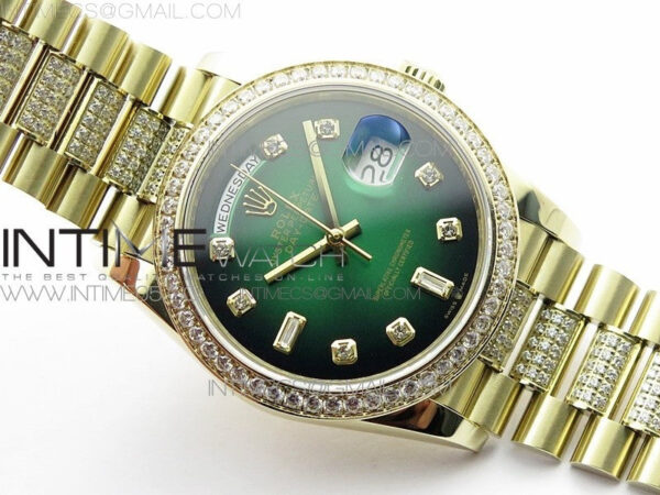 Day-Date 36 128235 YG/Crystal BP Best Edition Green Crystal Marker Dial on YG President Bracelet A2836 – Bild 2