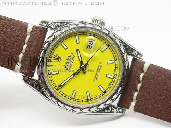 Datejust Engraved SS Case Yellow dial on Brown Leather Strap – Bild 2
