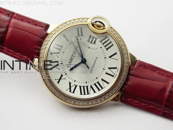 Ballon Bleu 36mm Diamonds Bezel RG K3F 1:1 Best Edition White Textured Dial On Red Leather Strap A076 – Bild 2
