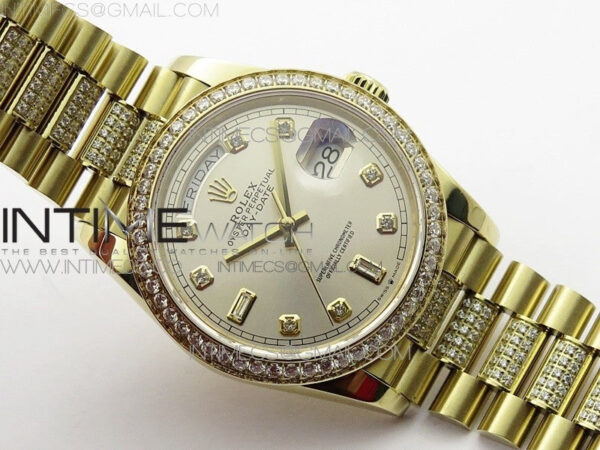 Day-Date 36 128235 YG/Crystal BP Best Edition Silver Crystal Marker Dial on YG President Bracelet A2836 – Bild 2