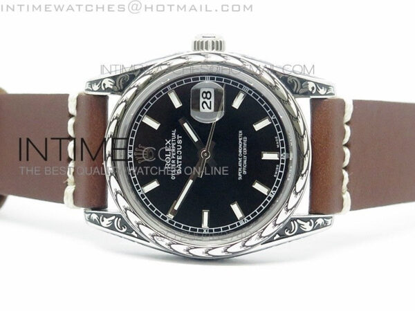 Datejust Engraved SS Case Black dial on Brown Leather Strap – Bild 3