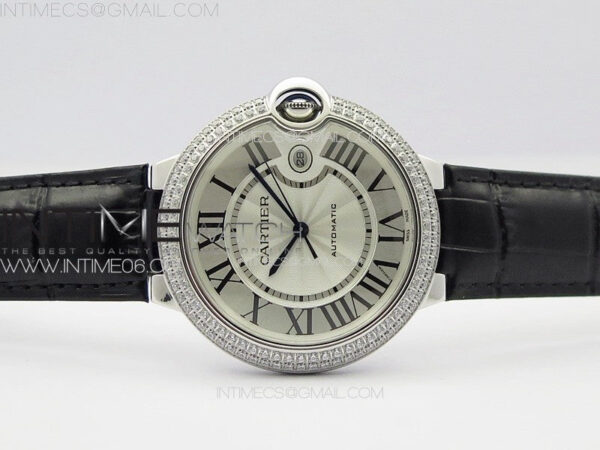 Ballon Bleu 42mm Diamonds Bezel SS K3F 1:1 Best Edition White Texture Dial on Black Leather Strap A2824 – Bild 3