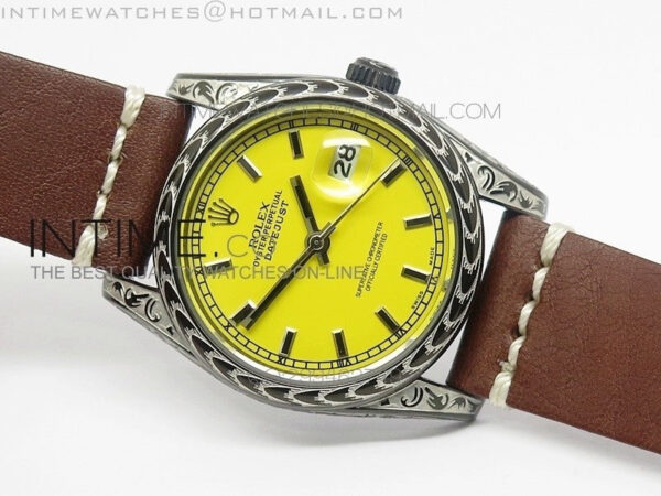 Datejust Engraved DLC Case Yellow dial on Brown Leather Strap – Bild 3