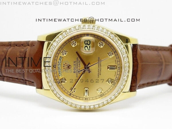 DayDate YG 36mm Gold Dial Diamond Bezel On Leather Strap – Bild 3