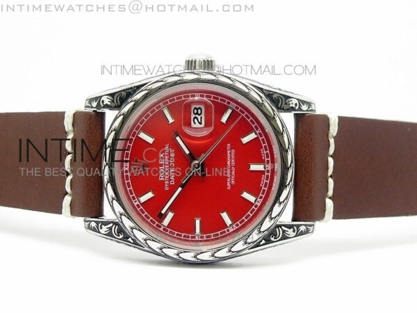 Datejust Engraved SS Case Red dial on Brown Leather Strap – Bild 3