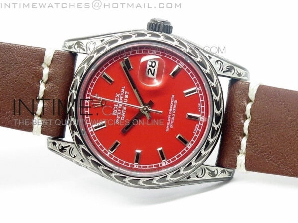 Datejust Engraved DLC Case Red dial on Brown Leather Strap – Bild 3