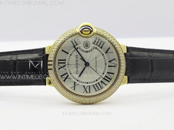 Ballon Bleu 42mm Double Diamonds Bezel RG K3F 1:1 Best Edition White Texture Dial on Black Leather Strap A2824 – Bild 3