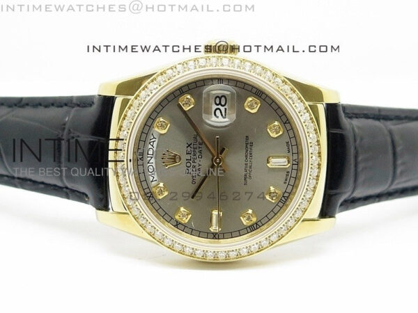 DayDate YG 36mm Slier Gray Dial Diamond Bezel On Leather Strap – Bild 3