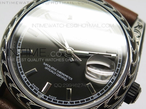Datejust Engraved DLC Case Black dial on Brown Leather Strap – Bild 3