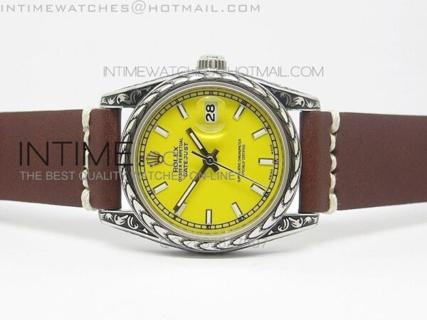 Datejust Engraved SS Case Yellow dial on Brown Leather Strap – Bild 3